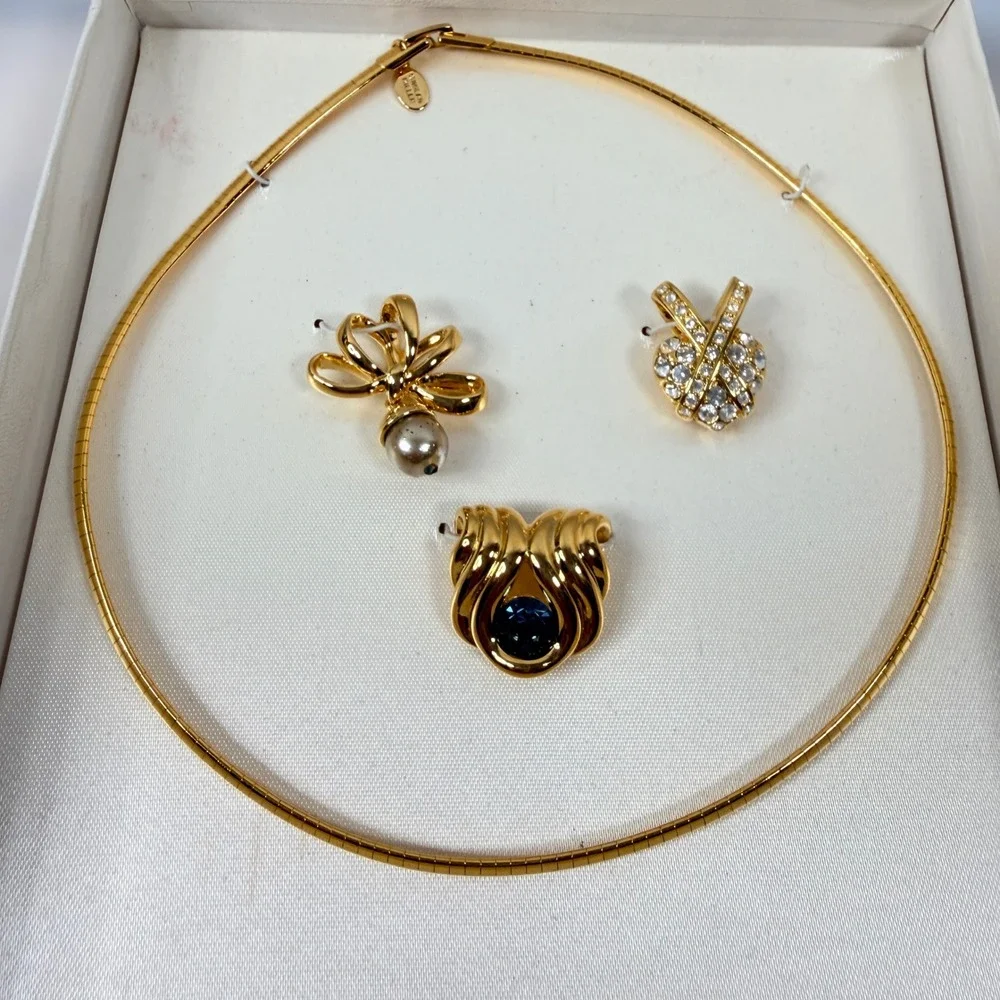 Nolan Miller Glamour Collection Gold Tone Omega Necklace 3 Slide Pendants Set